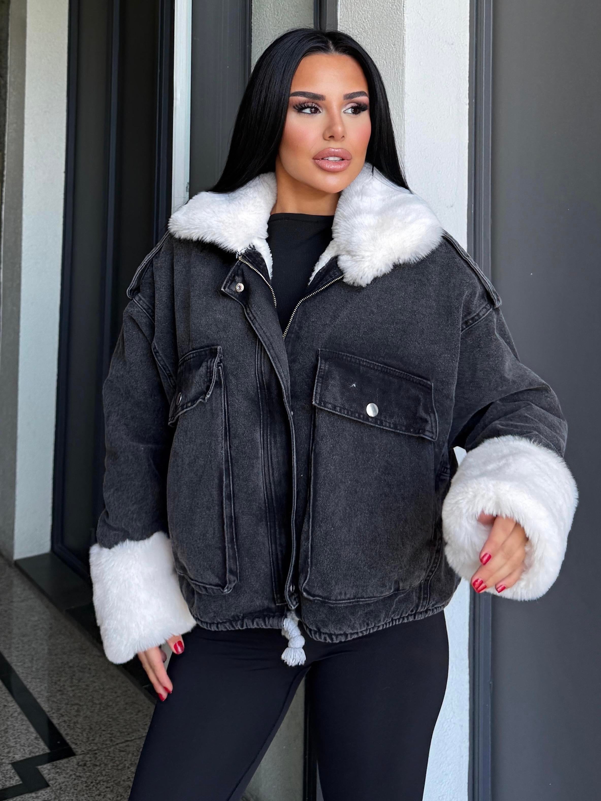 Nossa Kürk Detaylı Denim Ceket Siyah-Beyaz