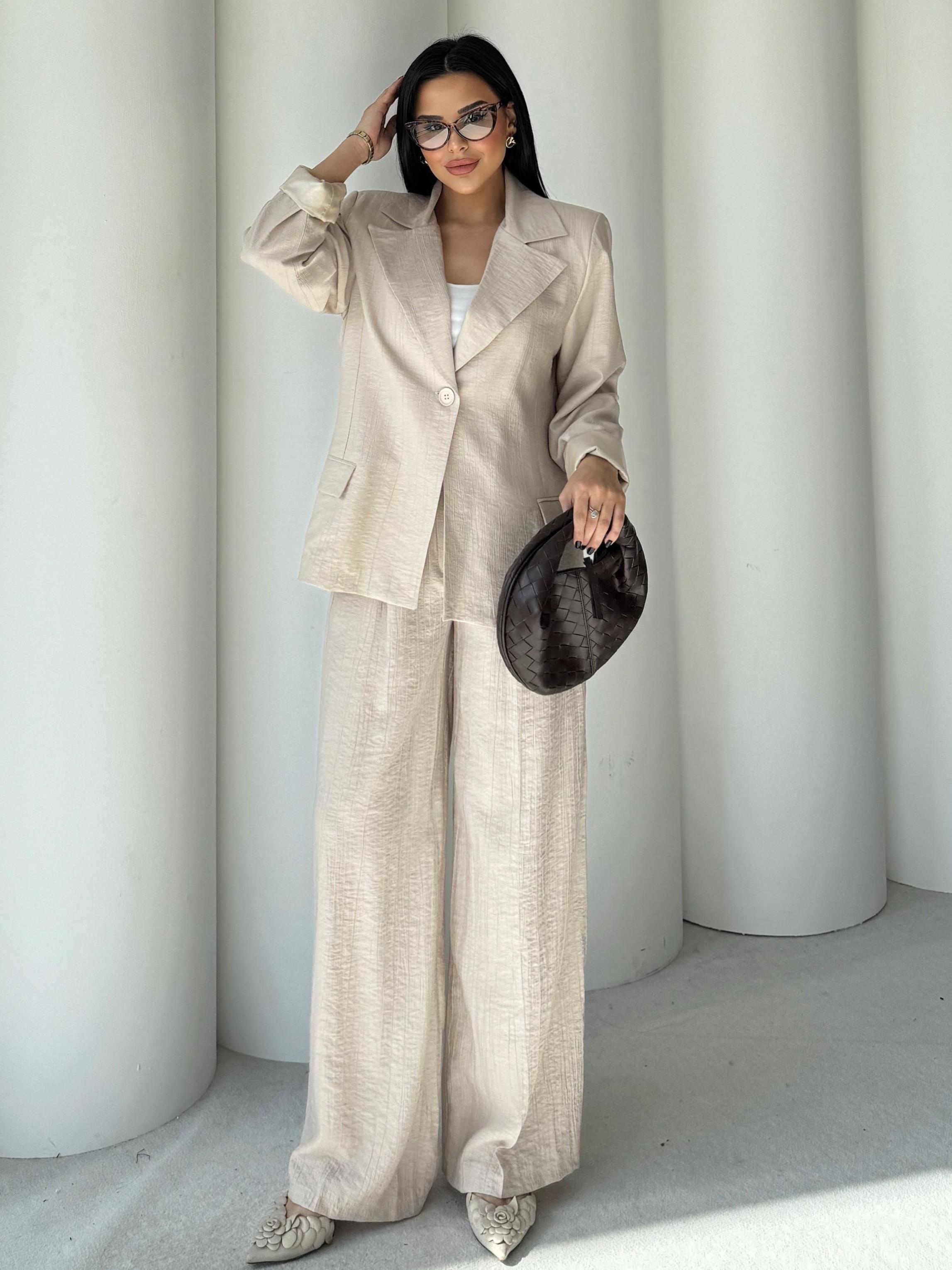 Pety Blazer Ceketli Keten Takım Bej