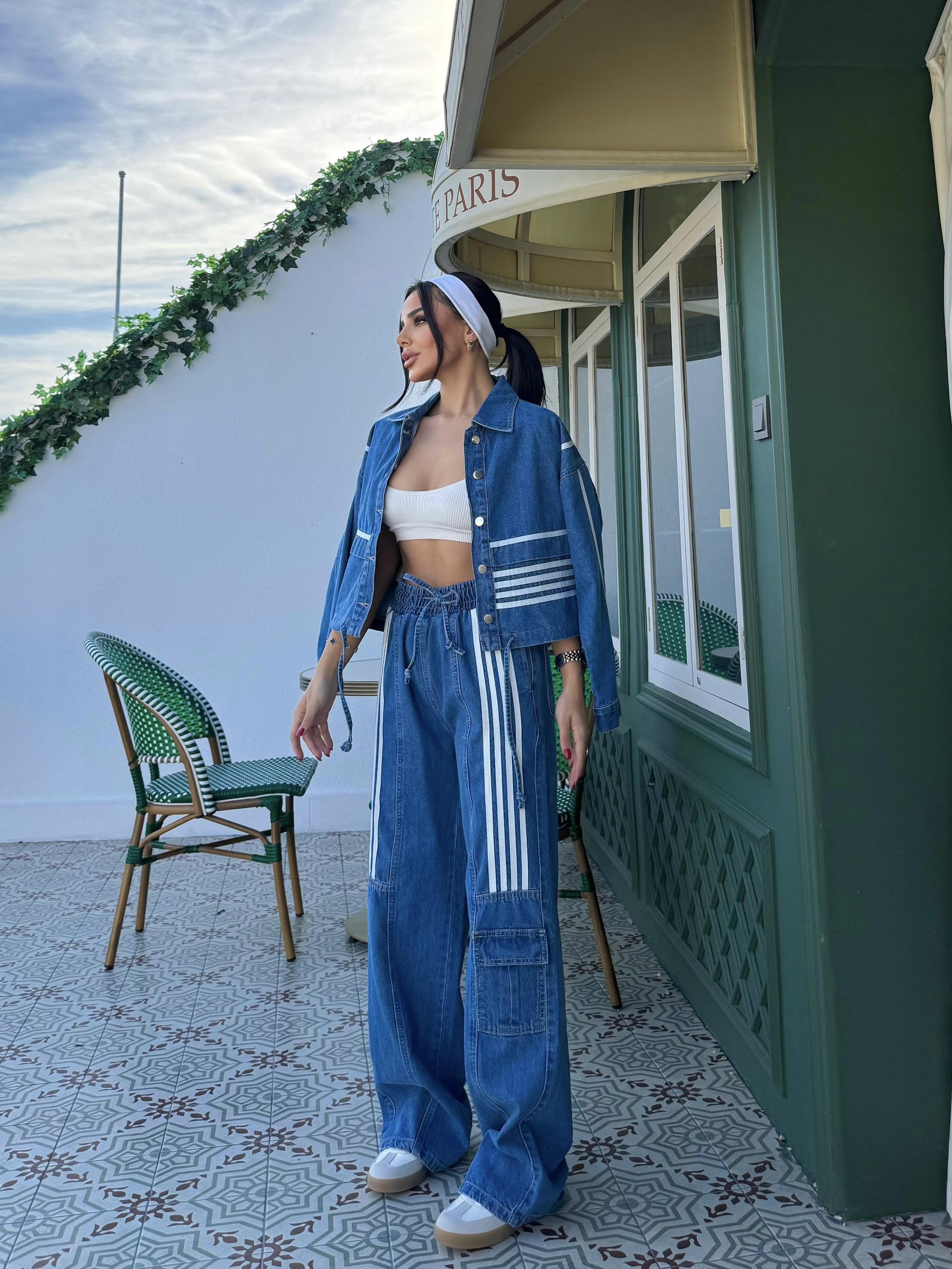 Rosmeri Tasarım Şeritli Denim Takım Koyu Mavi · 4