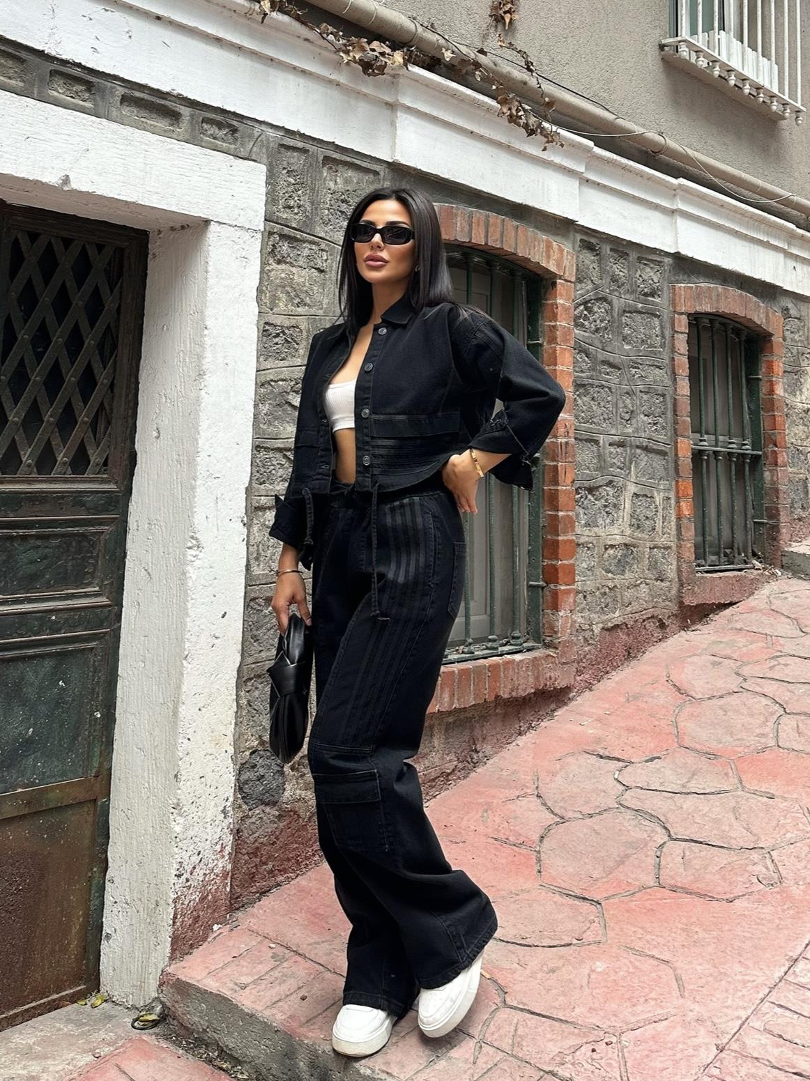Rosmeri Tasarım Şeritli Denim Takım Siyah
