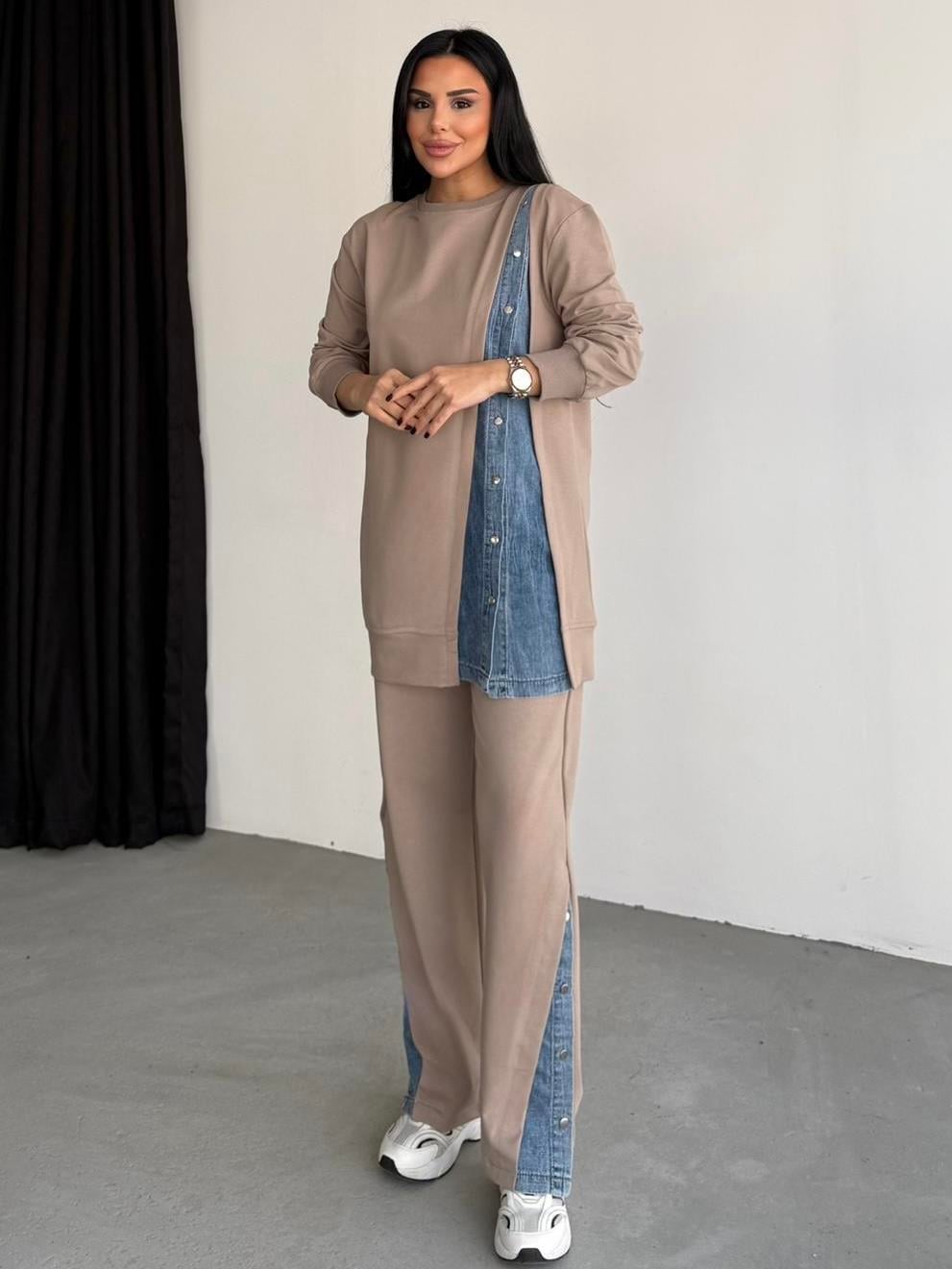 Sahira Denim Detaylı Tasarım Takım Bej