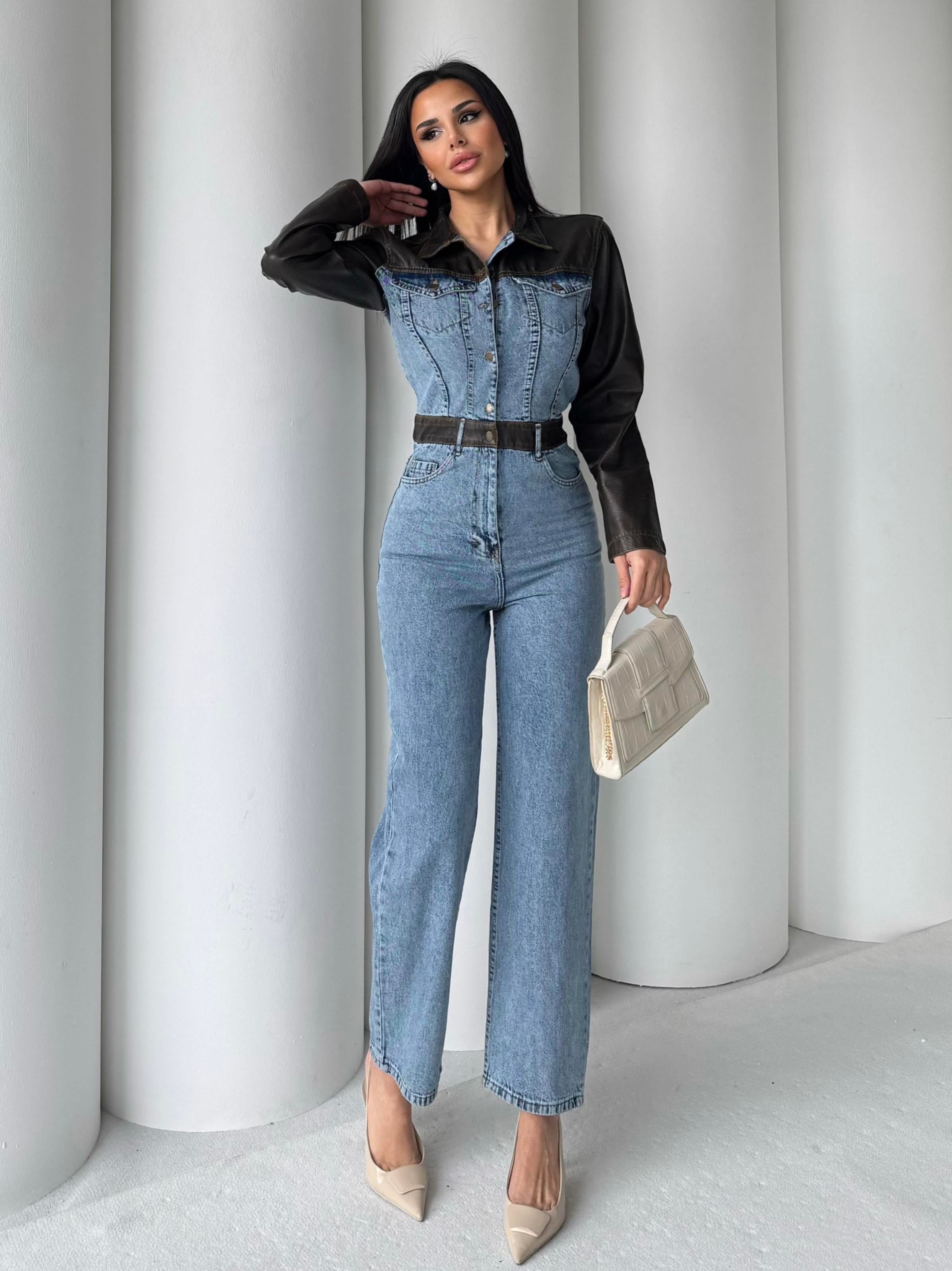 Sarte Deri Detaylı Denim Tulum Mavi