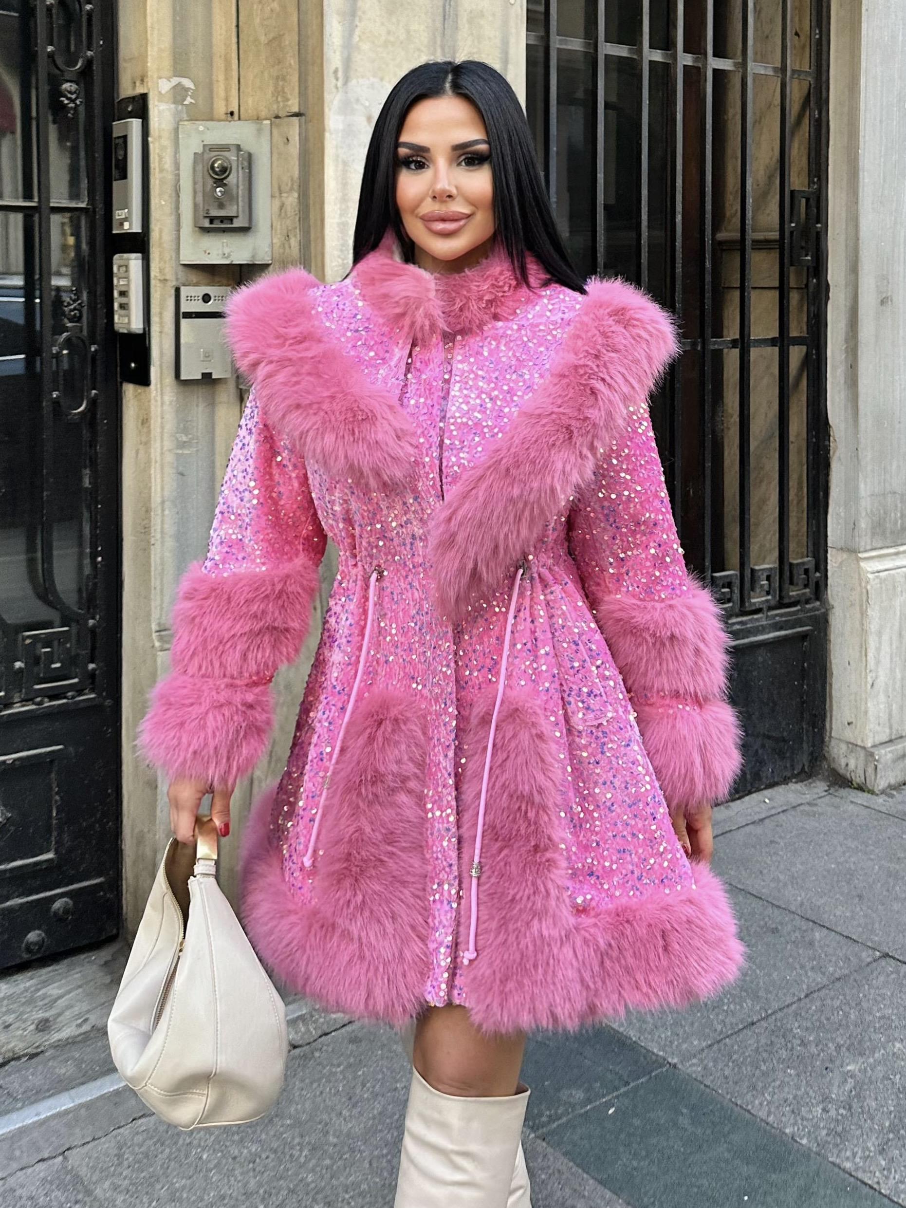 Snaps Payetli İthal Kürk Pembe