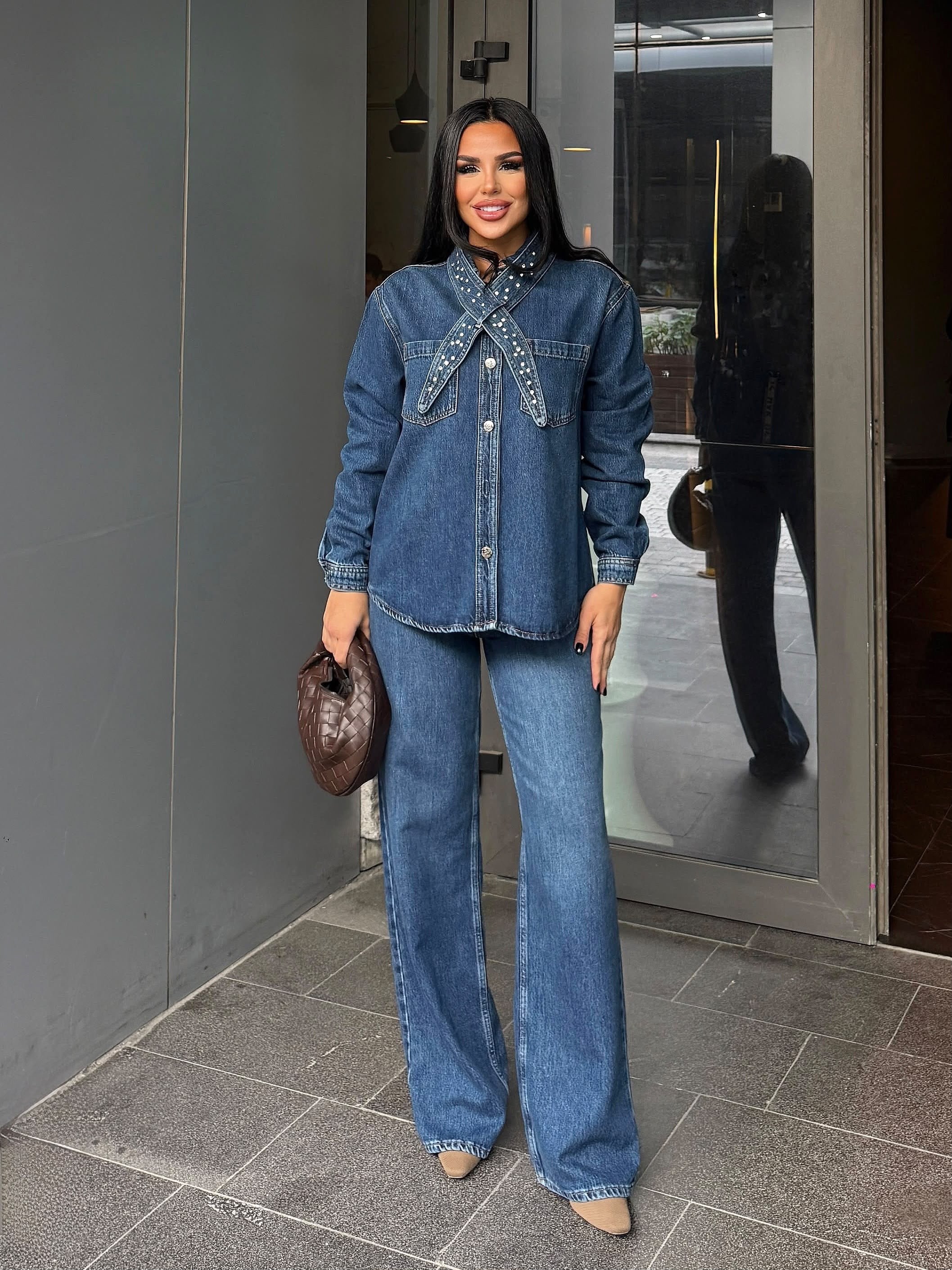 Sraco Taş Detaylı Denim Takım Lacivert