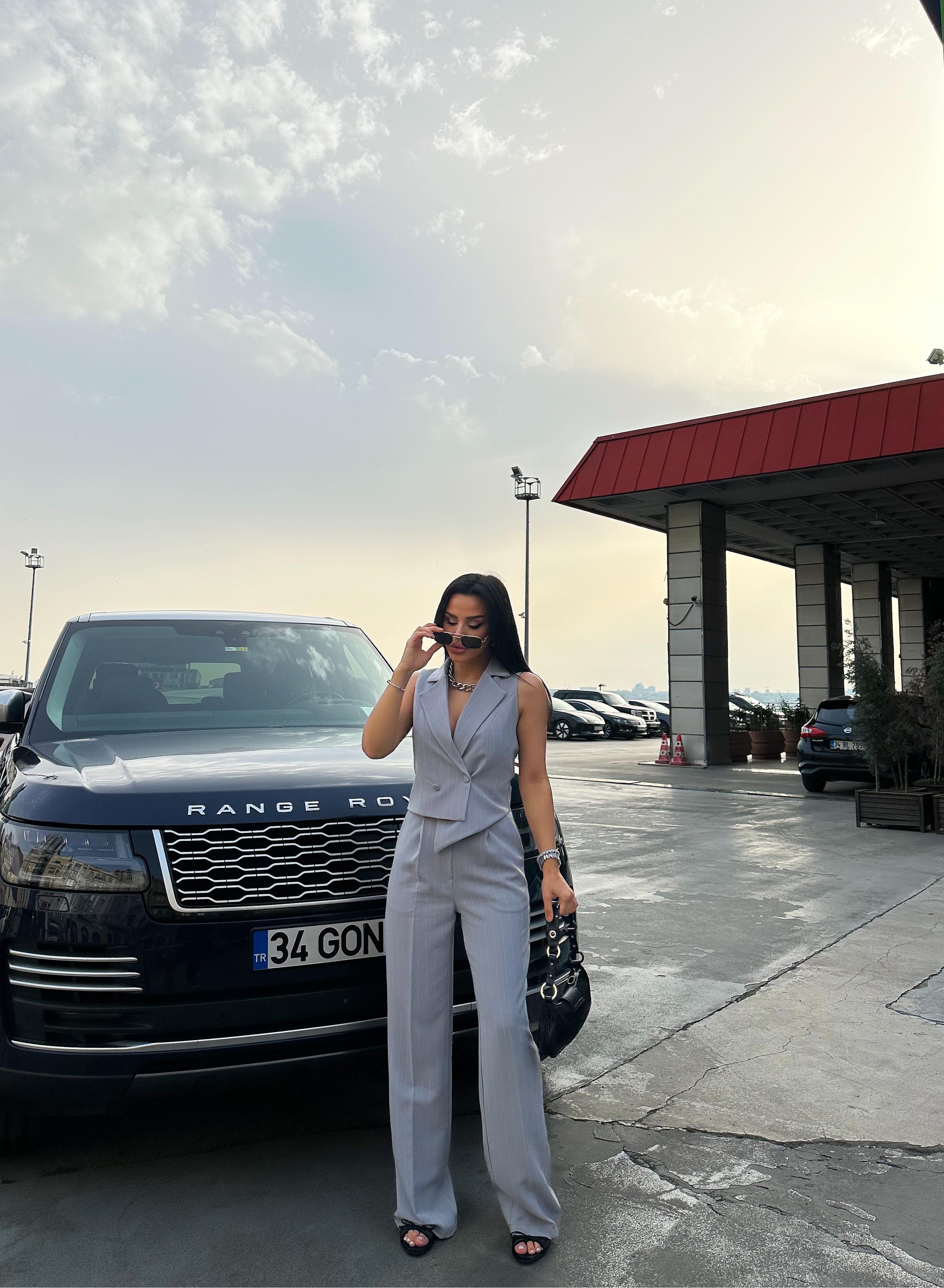 Talya Yelekli İkili Takım Gri Cizgili · 2