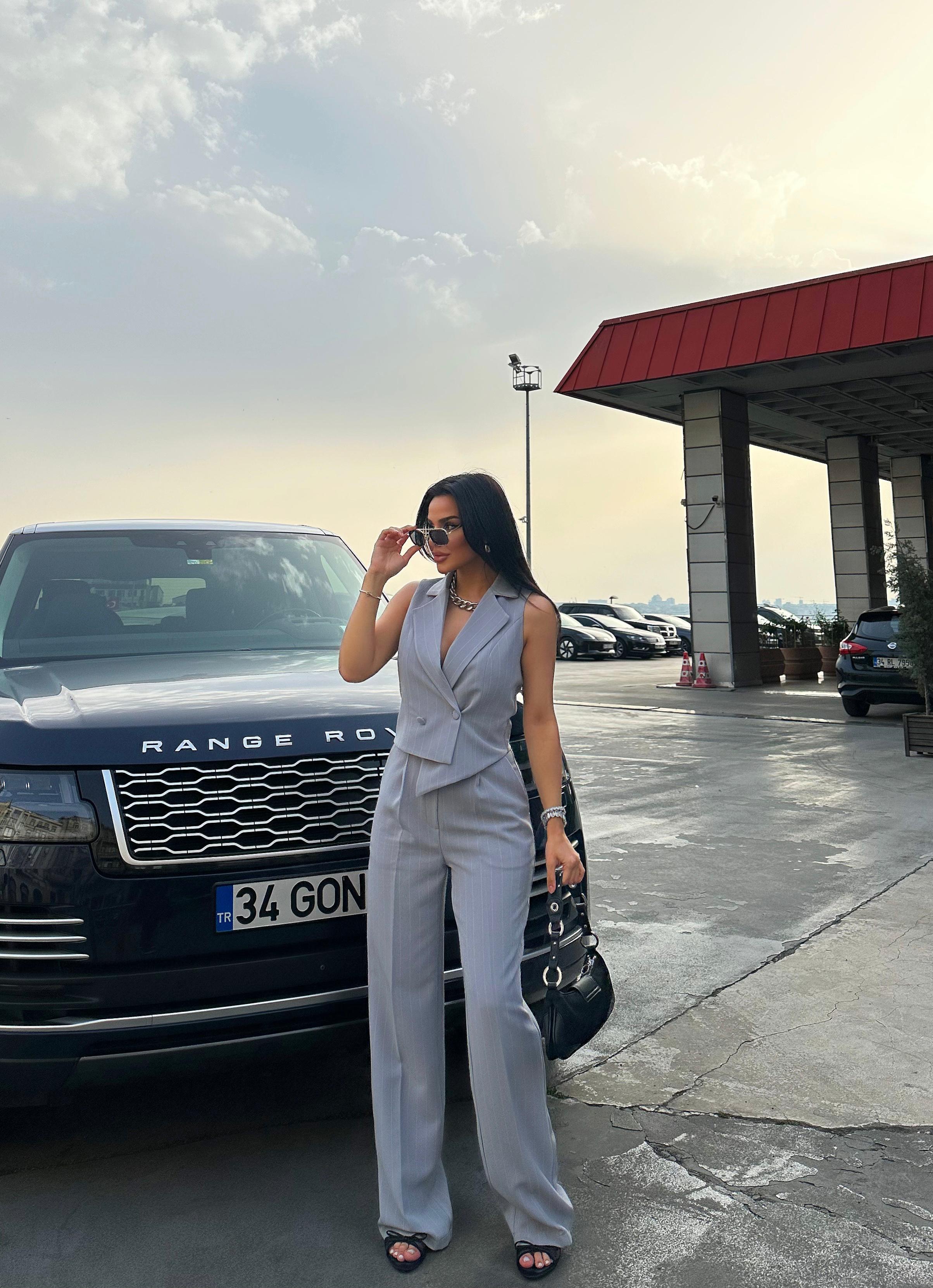 Talya Yelekli İkili Takım Gri Cizgili