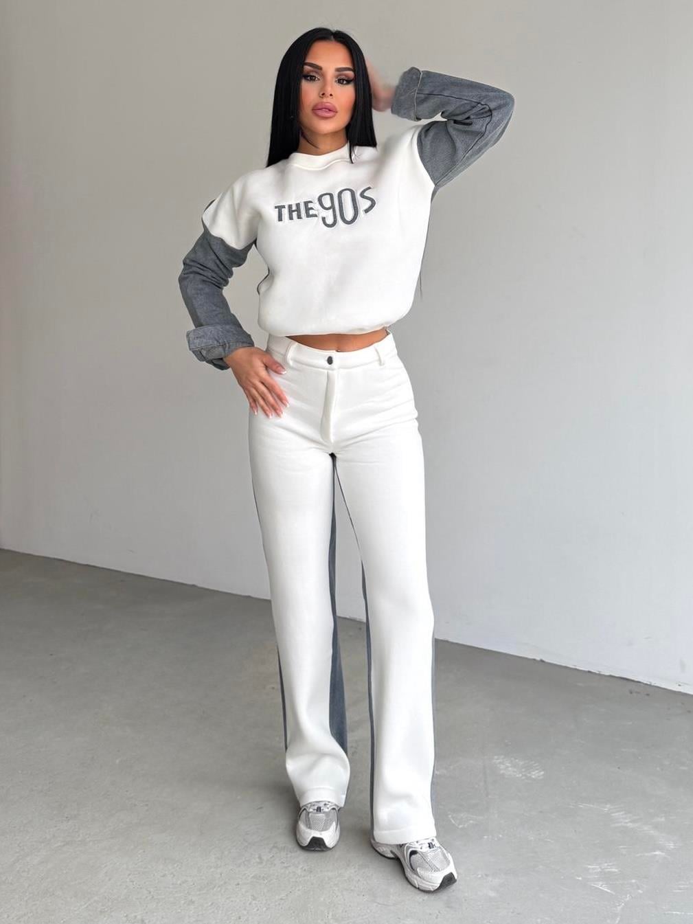 Thesa Denim Detaylı Spor Takım Beyaz
