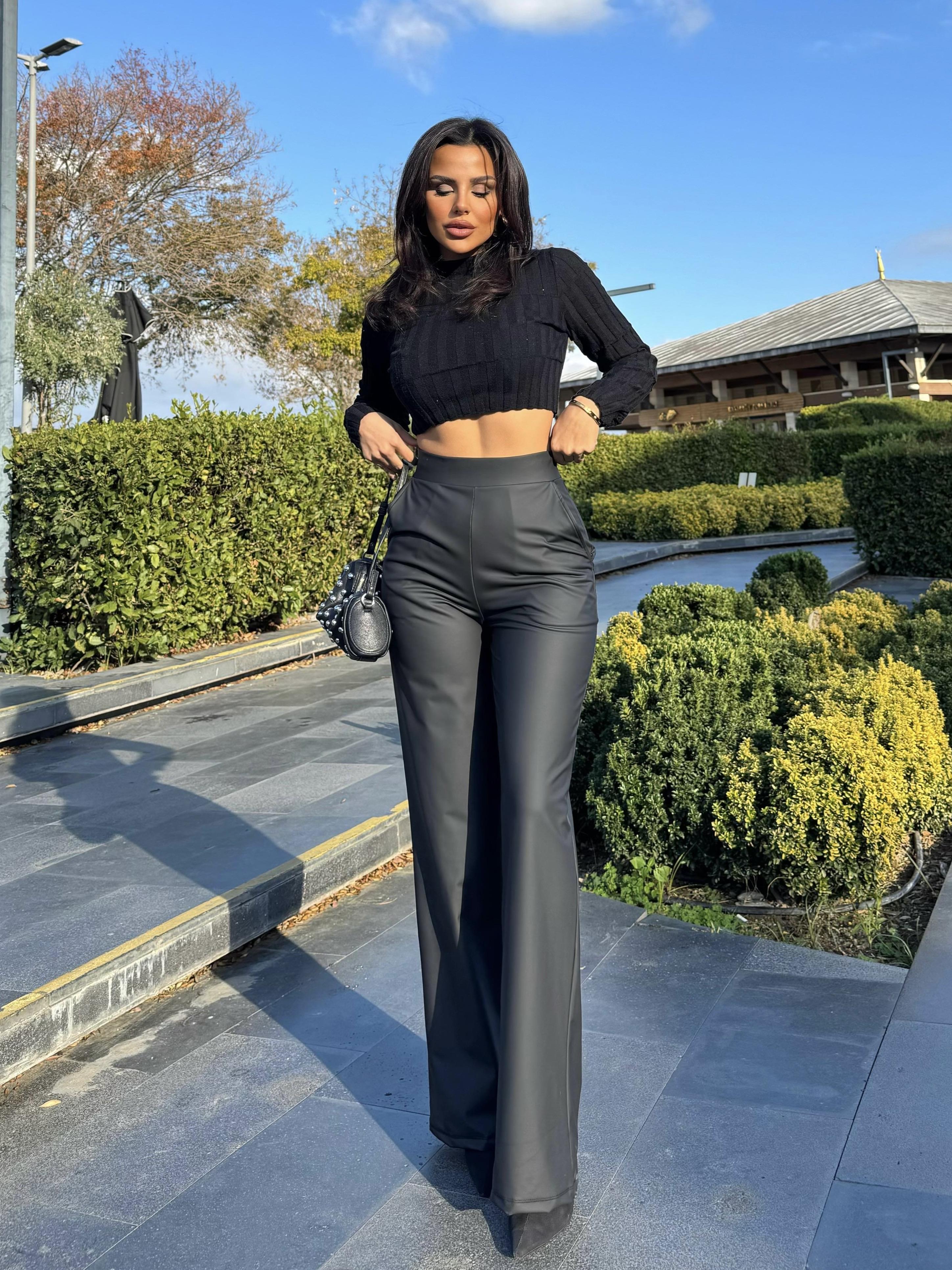 Tony Mat Suni Deri Palazzo Pantolon Siyah