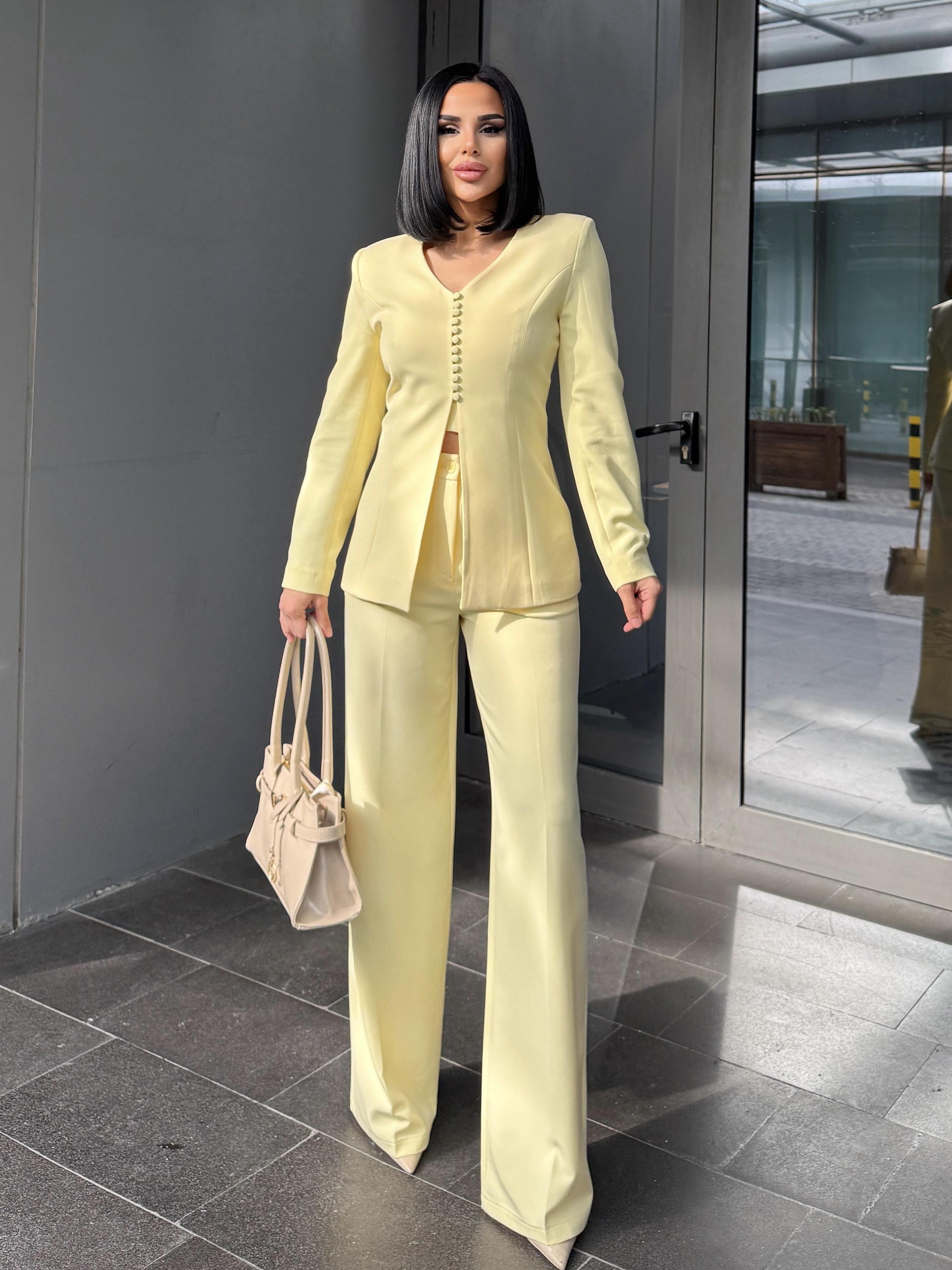 Troga Düğme Detaylı Palazzo Pantolonlu Takım Sarı