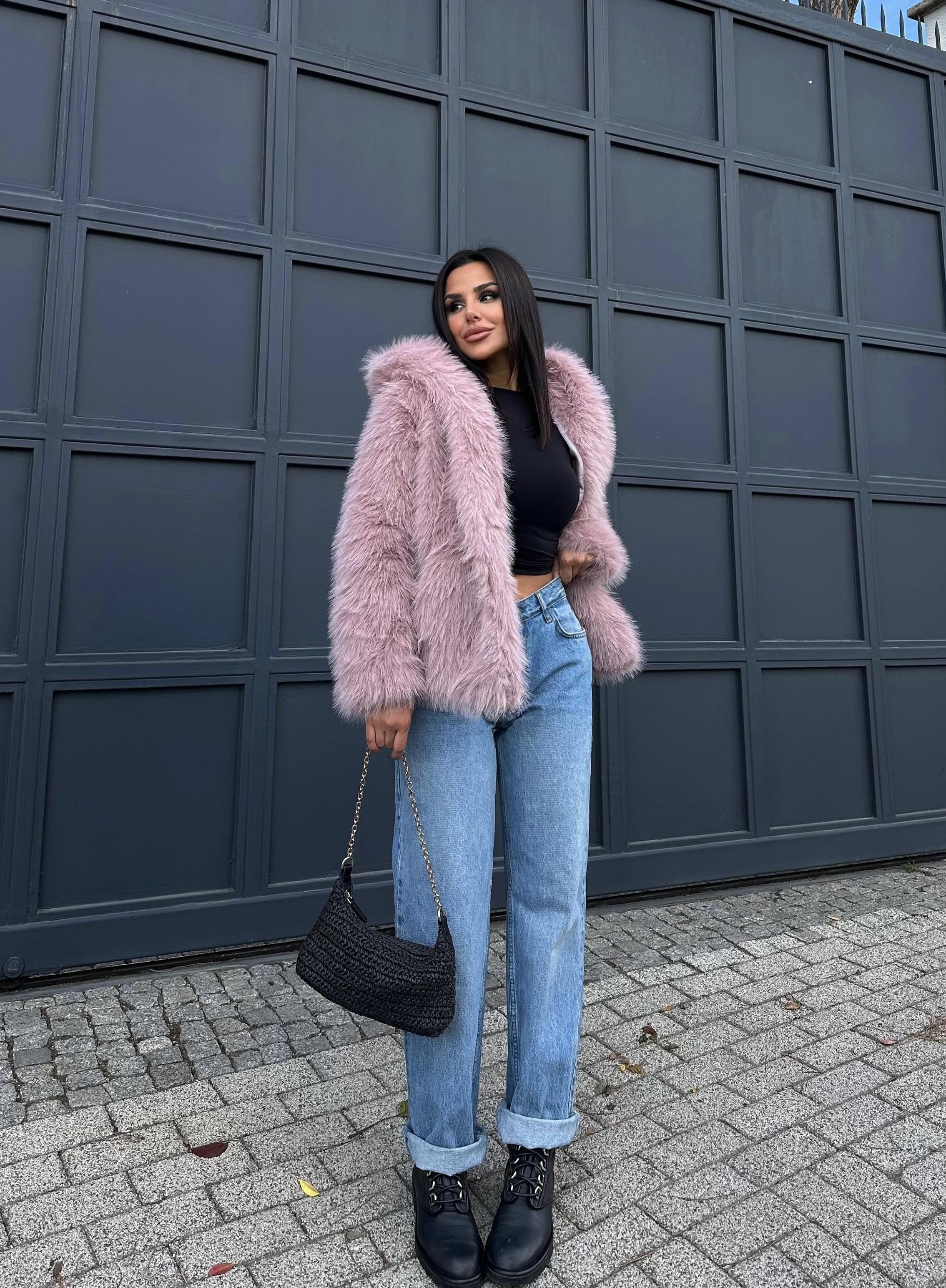Velvet Kapşonlu Kürk Kaban Pembe · 2