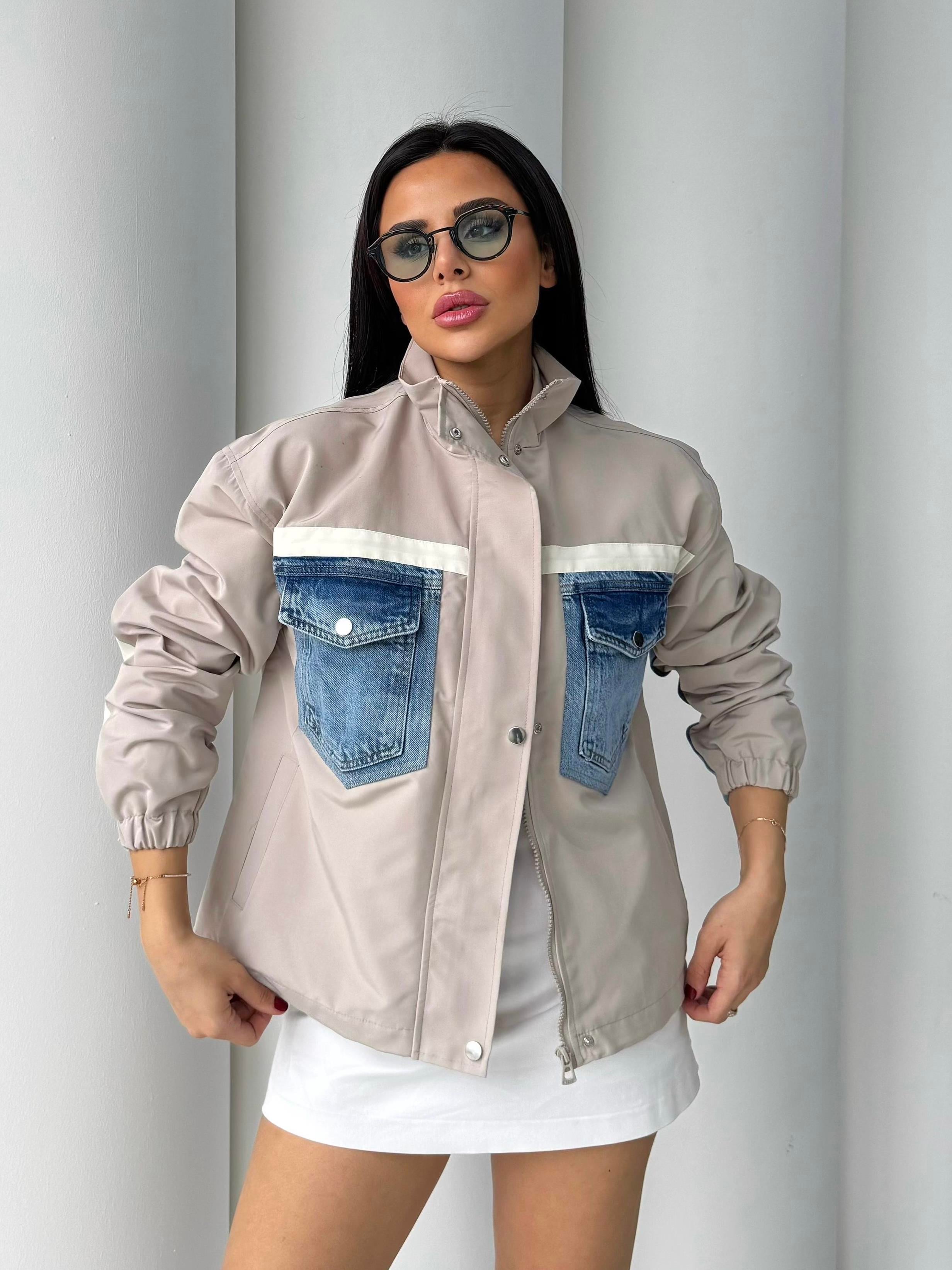 Vintage Denim Detaylı Paraşüt Ceket Bej