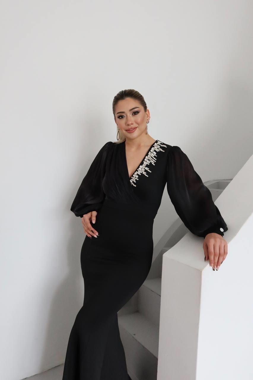Vogen Taş Detaylı Abiye Elbise Siyah