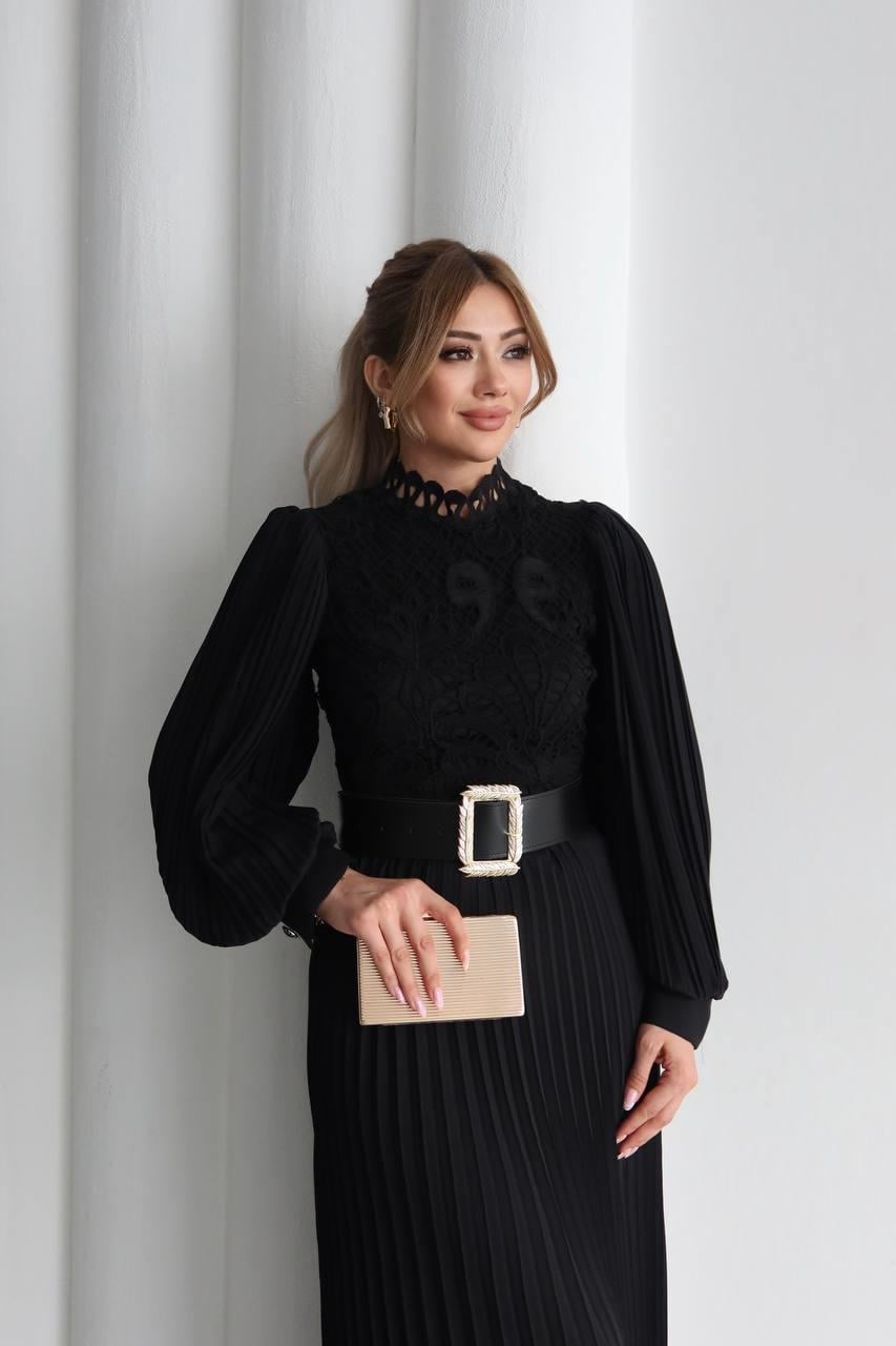 Wersac Dantel Detaylı Uzun Elbise Siyah