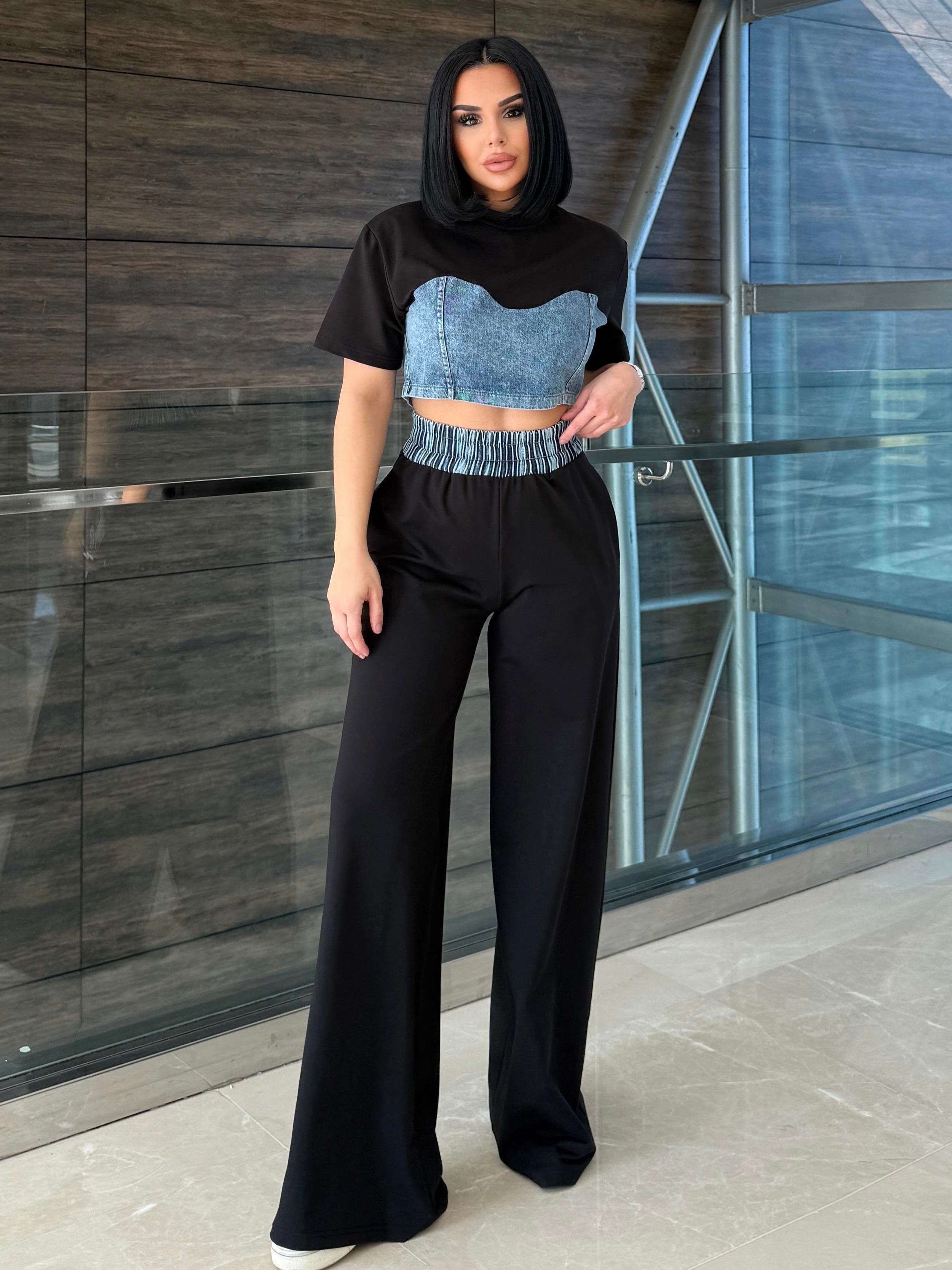 Zeynis Denim Detaylı Spor Takım Siyah