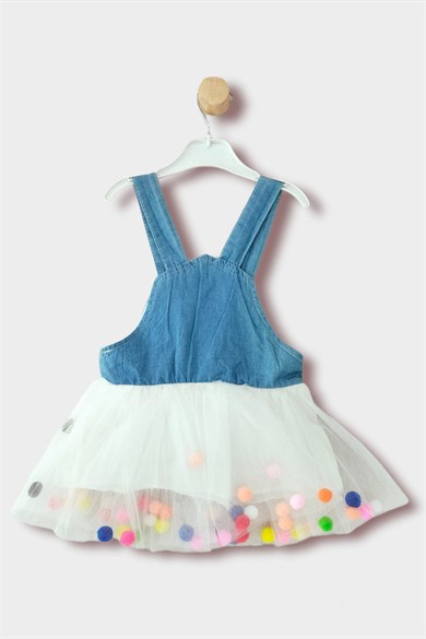 1-4 yaş Kız Çocuk Tül Etekli Ponponlu Kot Detaylı Elbise 