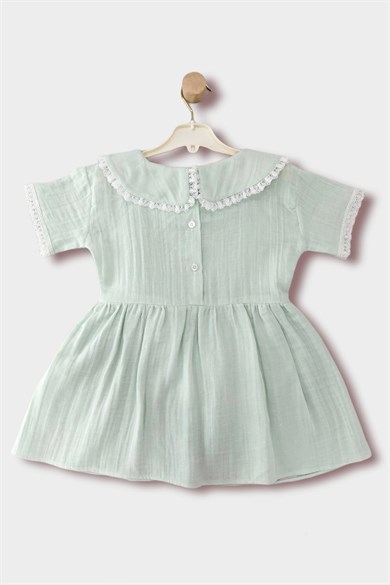 1-5 Yaş Kız Çocuk Bebe Yaka Dantelli Müslin Elbise
