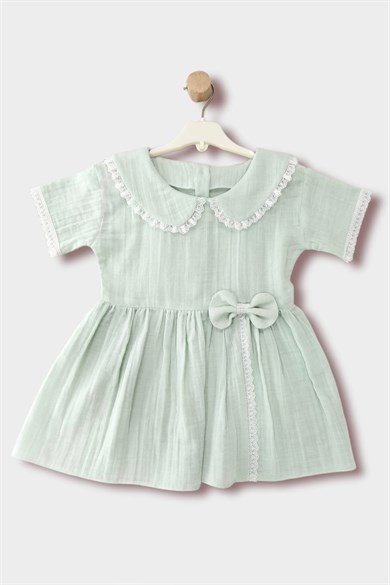 1-5 Yaş Kız Çocuk Bebe Yaka Dantelli Müslin Elbise