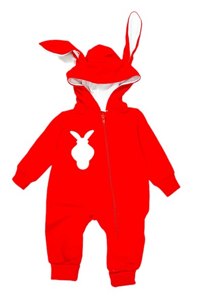 3-12 Ay Kız Bebek Kırmızı Tavşan Desenli Kulak Tasarımlı Ponpon Kuyruklu Uzun Kollu Fermuarlı Tulum