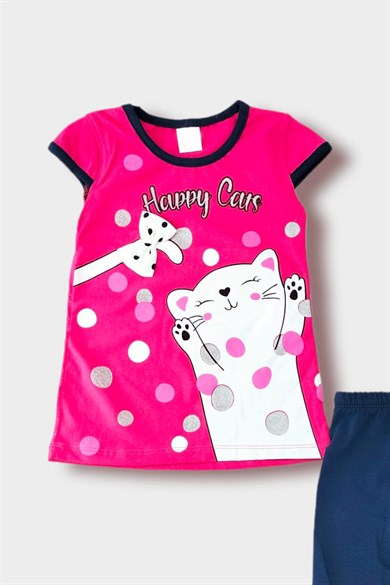 3-6 Yaş Kız Çocuk Kedi Desenli İkili Takım