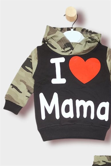 6-24 Ay Erkek Bebek Kamuflaj Desenli Uzun Kollu Kapüşonlu İkili Takım