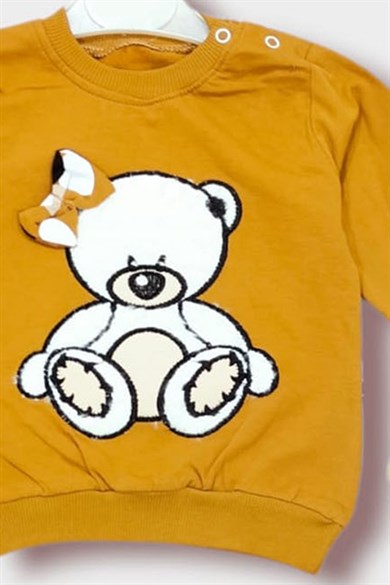 6-24 Ay Kız Bebek Hardal Ayıcık Kabartmalı Fiyonklu Uzun Kollu İkili Takım