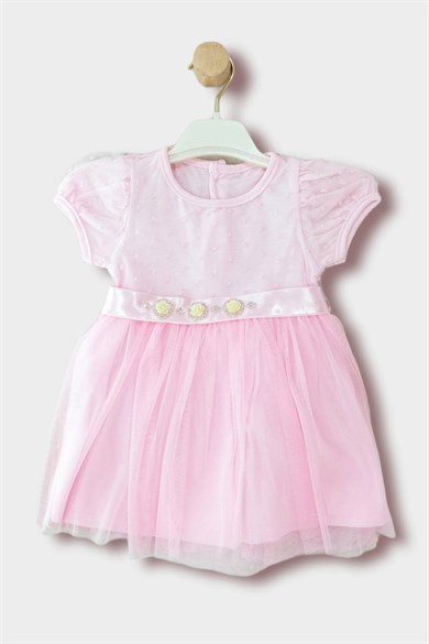 9-24 Ay Kız Bebek Çiçekli Tül Etekli Kısa Kollu Elbise