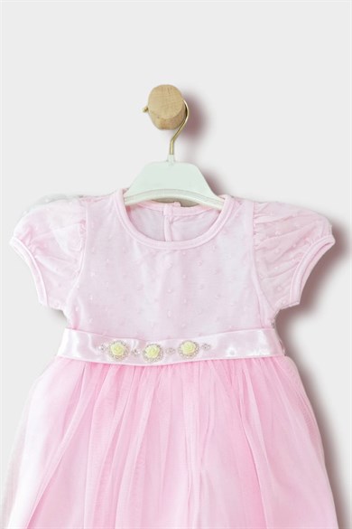 9-24 Ay Kız Bebek Çiçekli Tül Etekli Kısa Kollu Elbise