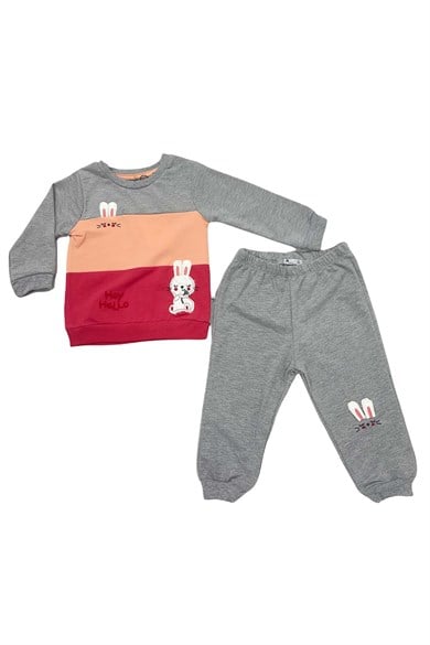 Erkek Bebek Gri Tavşancık Detaylı Pamuklu Uzun Kollu İkili Takım