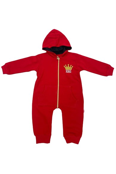 Erkek Bebek Kırmızı Kapüşonlu Kral Desenli Tulum