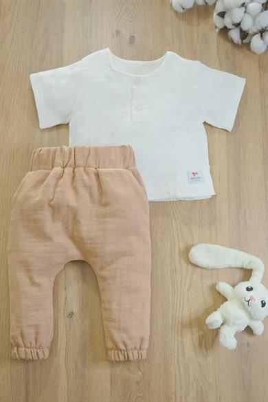 Erkek Bebek Kısa Kollu Kahverengi Müslin İkili Takım