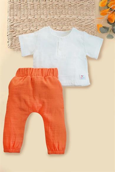 Erkek Bebek Kısa Kollu Turuncu Müslin Takım
