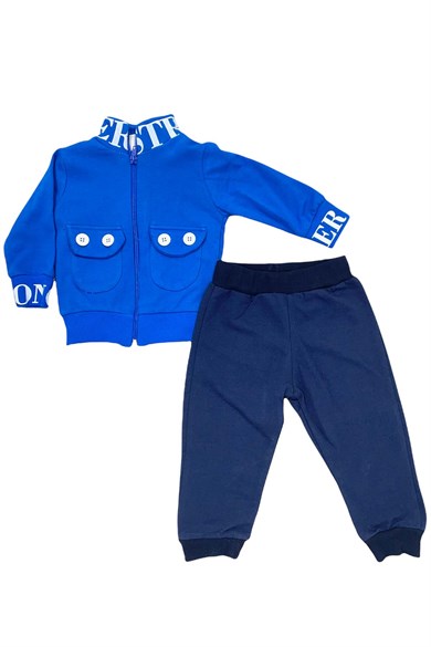 Erkek Bebek Mavi Fermuarlı Uzun Kollu Üçlü Takım