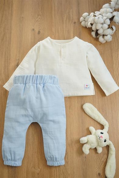 Erkek Bebek Mavi Müslin İkili Takım