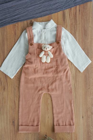 Erkek Bebek Ve Çocuk Gömlekli Ayıcıklı Müslin Salopet Tulum