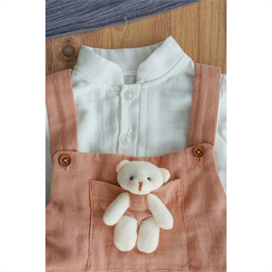 Erkek Bebek Ve Çocuk Gömlekli Ayıcıklı Müslin Salopet Tulum