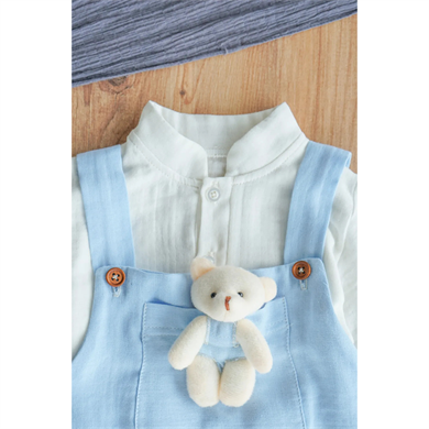 Erkek Bebek Ve Çocuk Gömlekli Ayıcıklı Müslin Salopet Tulum