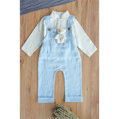 Erkek Bebek Ve Çocuk Gömlekli Ayıcıklı Müslin Salopet Tulum