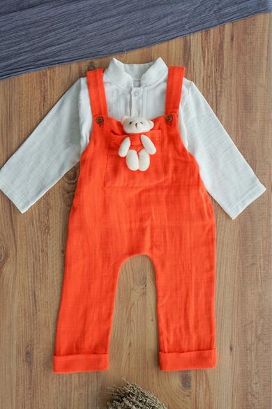 Erkek Bebek Ve Çocuk Gömlekli Ayıcıklı Müslin Salopet Tulum