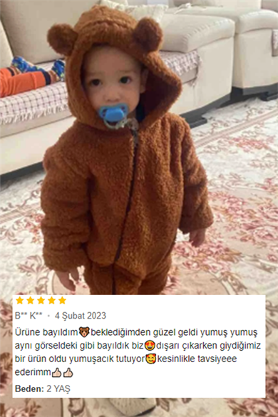 Erkek Kız Bebek ve Çocuk Peluş Kumaş Fermuarlı Tulum