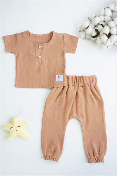 Kahverengi Erkek Kız Bebek Kısa Kollu Takım