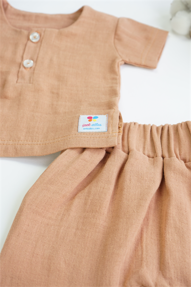 Kahverengi Erkek Kız Bebek Kısa Kollu Takım