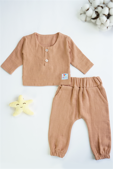 Kahverengi Erkek Kız Bebek Uzun Kollu Müslin İkili Takım 