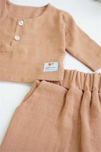 Kahverengi Erkek Kız Bebek Uzun Kollu Müslin İkili Takım 