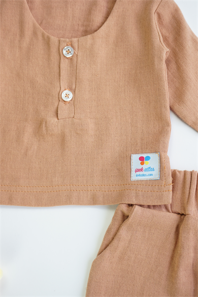 Kahverengi Erkek Kız Bebek Uzun Kollu Müslin İkili Takım 