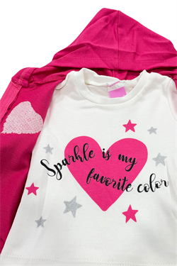 Kapüşonlu Kız Bebek Fuşya Uzun Kollu Kalpli Pamuklu Üçlü Takım