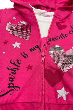 Kapüşonlu Kız Bebek Fuşya Uzun Kollu Kalpli Pamuklu Üçlü Takım