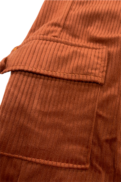 Kemerli Kız & Erkek Çocuk Kiremit Rengi Kargo Cepli Kadife Pantolon