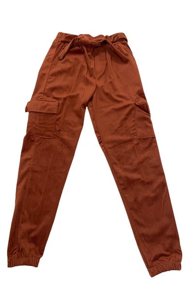 Kemerli Kız & Erkek Çocuk Kiremit Rengi Kargo Cepli Kadife Pantolon