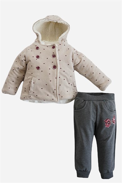 Kız Bebek Kapüşonlu Uzun Kollu Kalın Fiyonklu Üçlü Takım