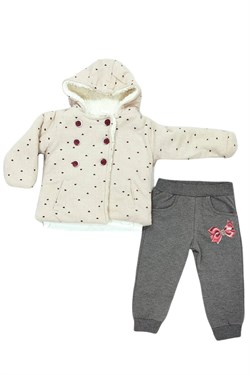 Kız Bebek Kapüşonlu Uzun Kollu Kalın Fiyonklu Üçlü Takım